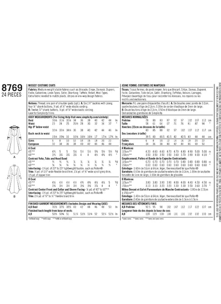 Pattern, SIMPLICITY 8769 Misses' Costume Coats