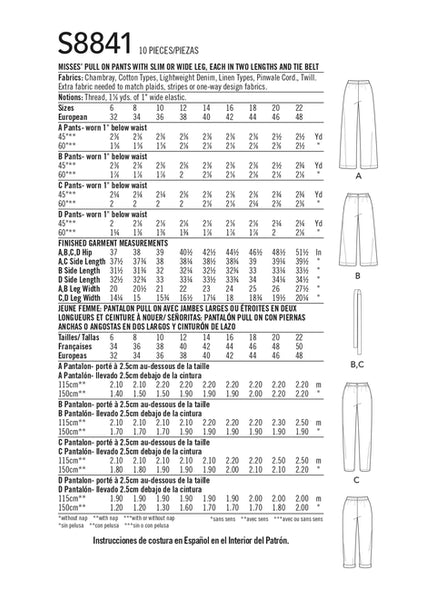 Pattern, SIMPLICITY 8841, Misses Wide or Slim Leg Pant