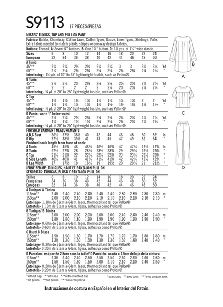 Pattern, SIMPLICITY 9113 Misses' Tunic, Top & Pull On Pants