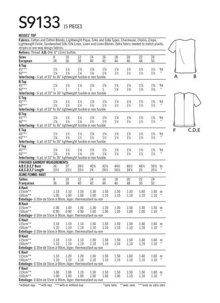 Pattern, SIMPLICITY 9133 Misses' Tops
