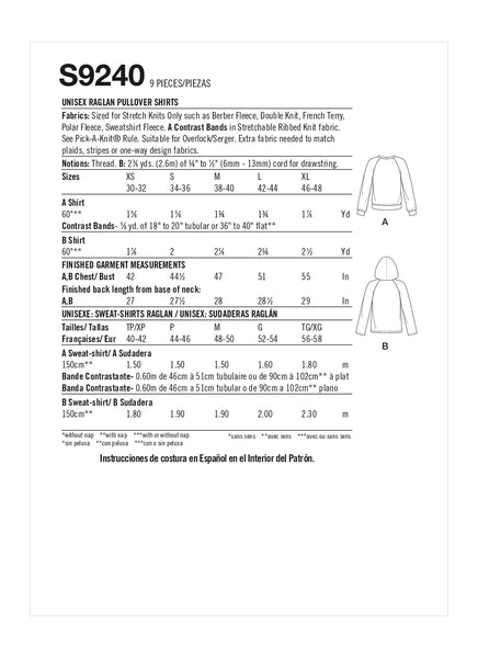 Pattern, SIMPLICITY 9240 Unisex Raglan Pullover Shirts