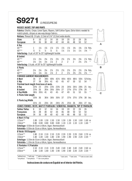 Pattern, SIMPLICITY 9271 Misses' Jacket, Top & Pants