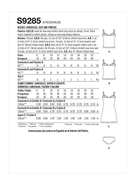 Pattern, SIMPLICITY 9285 Misses' Camisoles, Slip & Panties