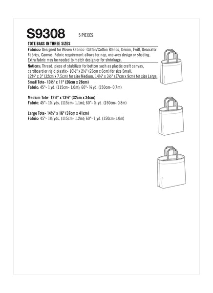 Pattern, SIMPLICITY 9308 Tote Bags in 3 Sizes
