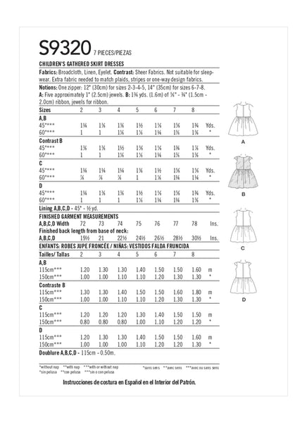 Pattern, SIMPLICITY 9320 Children's Gathered Skirt Dresses