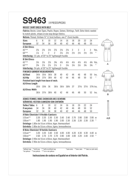 Pattern, SIMPLICITY 9463 Misses' Shirt Dress with Belt