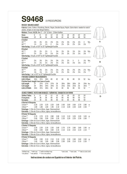Pattern, SIMPLICITY 9468 Misses' Unlined Jacket