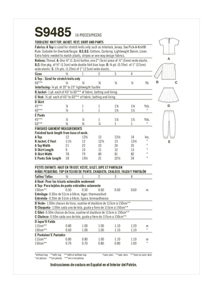 Pattern, SIMPLICITY 9485  Toddlers' Knit Top, Jacket, Vest, Skirt and Pants