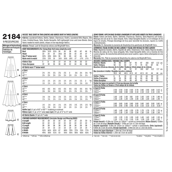 Pattern, SIMPLICITY 2184 Misses' Skirts