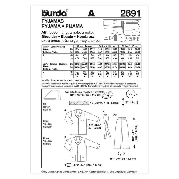 Pattern, Burda, 2691, Unisex Pyjamas