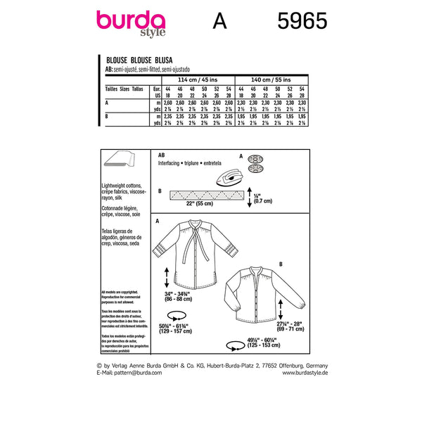 Pattern, Burda, 5965, Blouse with Shoulder Yoke and Stand Collar