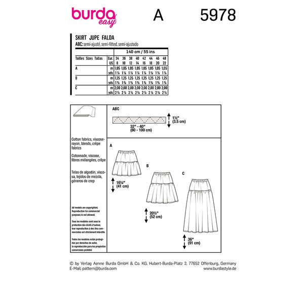 Pattern, Burda, 5978, Tiered Skirt with Elastic Waist