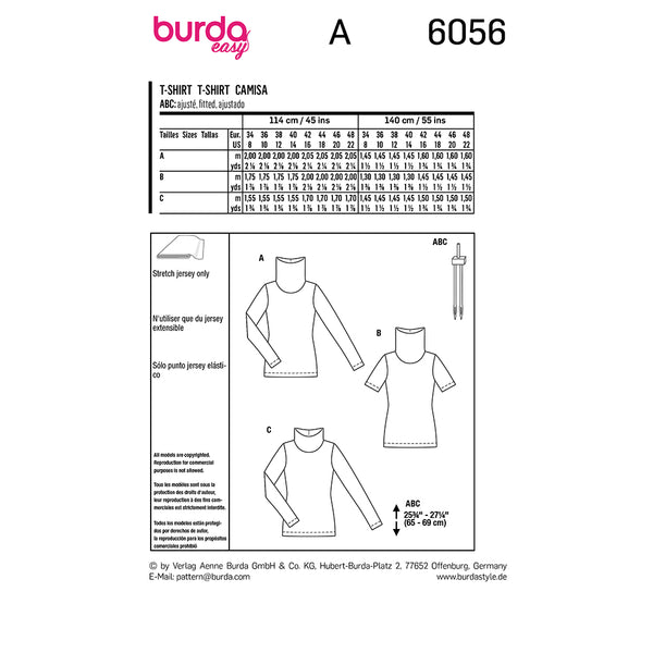 Pattern, Burda, 6056, Turtleneck Top with Half or Full Length Sleeves