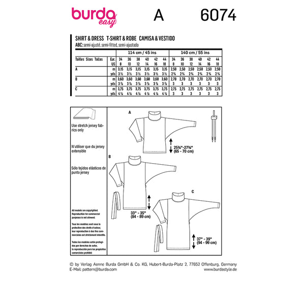 Pattern, Burda, 6074, Top and Dress with Roll Neck Collar