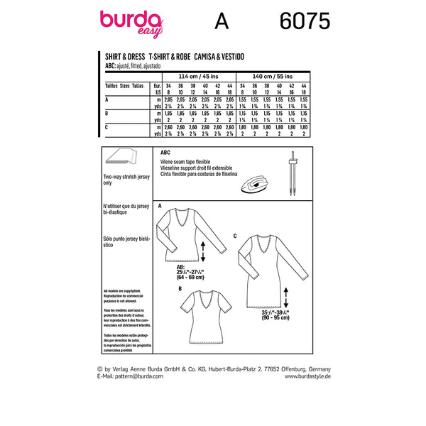 Pattern, Burda, 6075, Top and Dress Slim fit V Neck