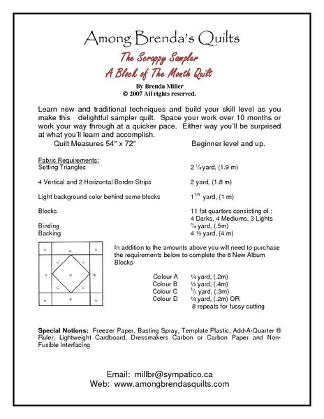 Pattern, ABQ, Scrappy Sampler Quilt, block of the month