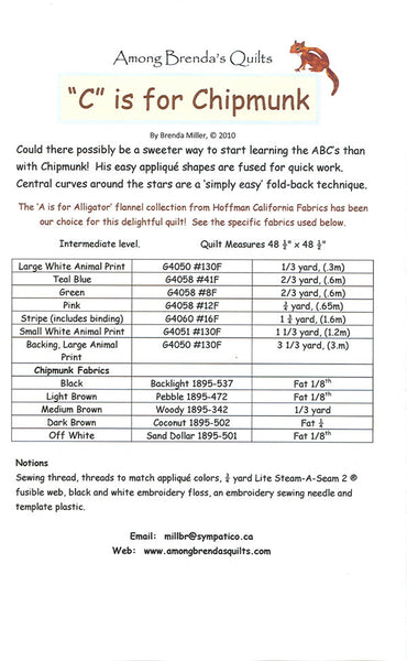 Pattern, ABQ, C is for Chipmunk, Baby Quilt, ABQ-146