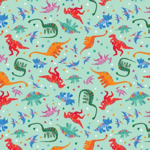 Fabric, Rainbow Dino Dance Party Aqua, DC10040-Aqua