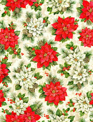 Fabric, Noel, Christmas Poinsettia Cream Background 4312