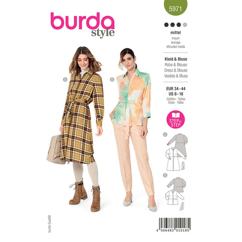 Pattern, Burda, 5971, Shirt Blouse Dress & Blouse - Sleeves with Cuffs