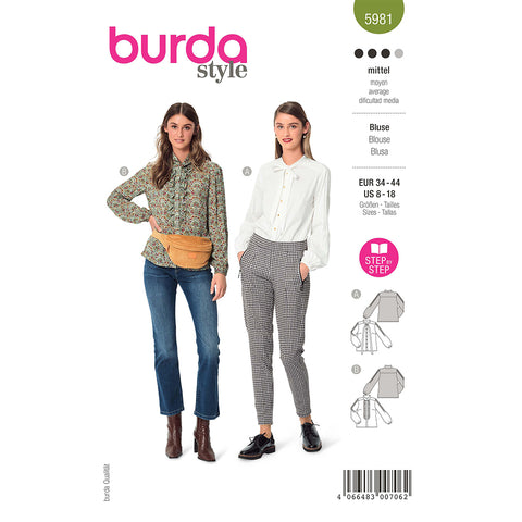 Pattern, Burda, 5981, Long Sleeve Blouse with Tucks on Sleeves