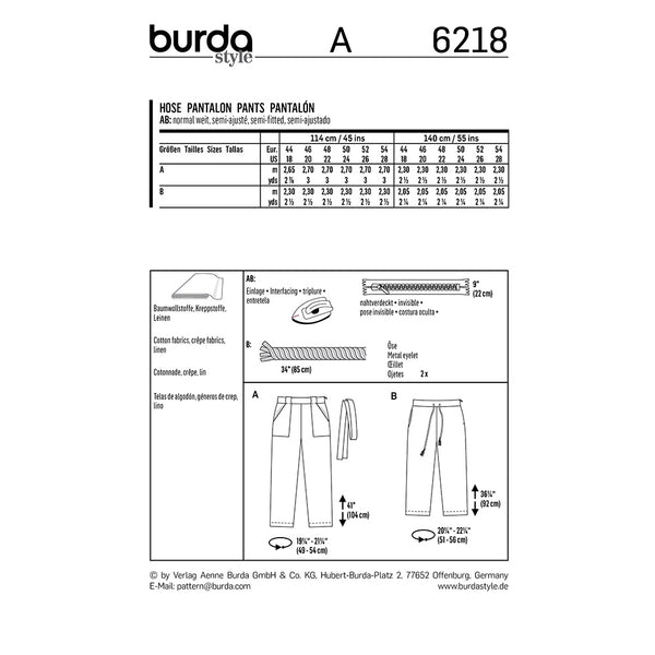 Pattern, Burda, 6218, Trousers/Pants with Straight Leg