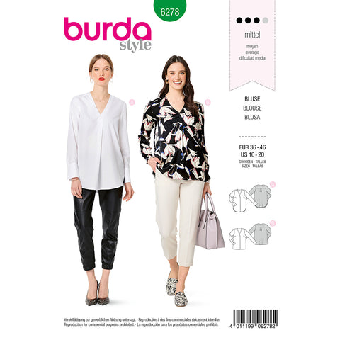 Pattern, Burda, 6278, Blouse with Back Yoke - V-Neckline - Front Side Pleat