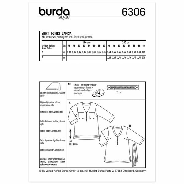 Pattern, Burda, 6306, Blouse Top - V-Neck - 3/4-Sleeves