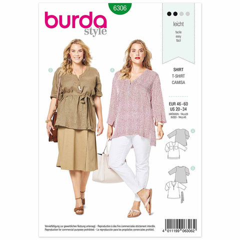 Pattern, Burda, 6306, Blouse Top - V-Neck - 3/4-Sleeves