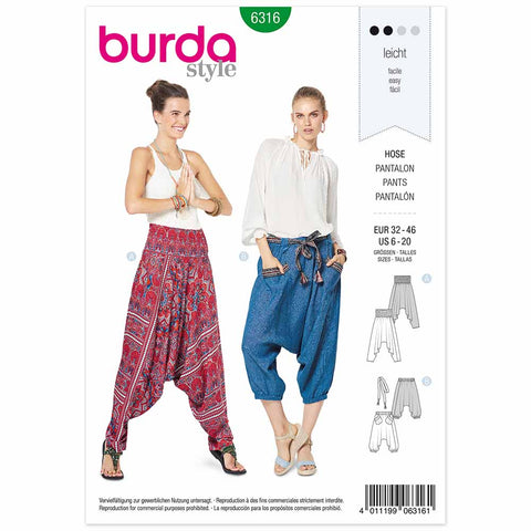 Pattern, Burda, 6316 Sarouel Pants/Trousers - Harem Pants/Trousers - Shirred Waistband