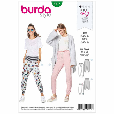 Pattern, Burda, 6317 Jogging Pants - Pull On Pants/Trousers with Leg Bands