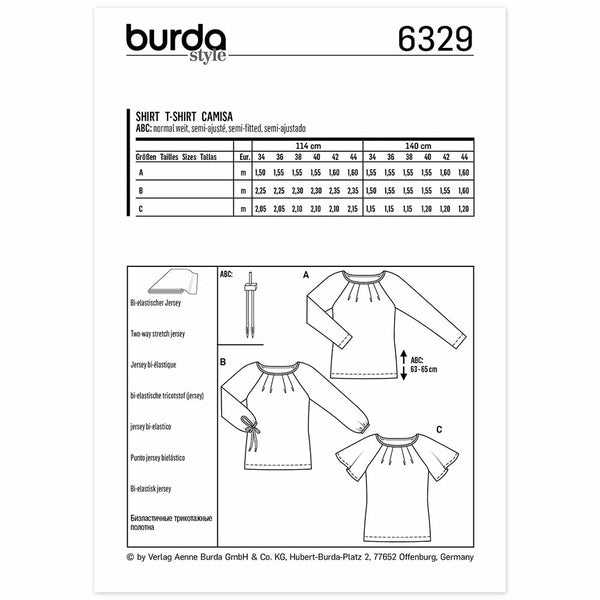 Pattern, Burda, 6329, Raglan Top - Pleated Neckline - Sleeve Variations