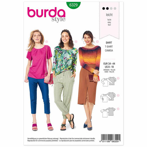 Pattern, Burda, 6329, Raglan Top - Pleated Neckline - Sleeve Variations