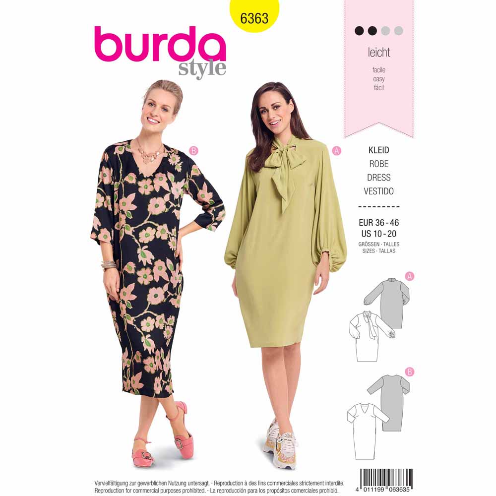 Pattern, Burda, 6363, Boule (Balloon) Dress with Tie Collar - Interesting Sleeve Variation