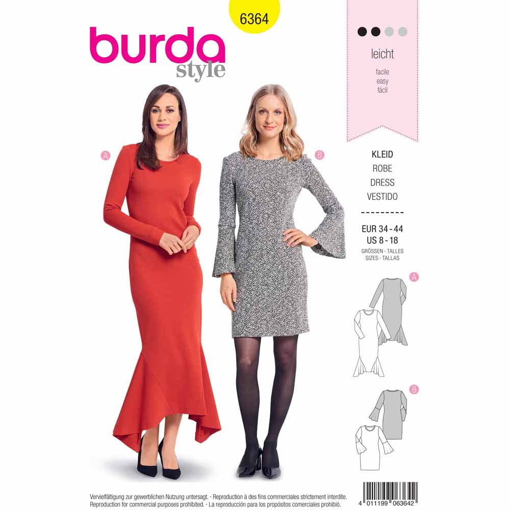 Pattern, Burda, 6364, Long Dress with Side Godets - Shirt Dress with Sleeve Flounces