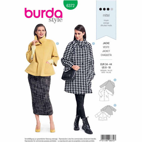 Pattern, Burda, 6372, Raglan-Jacket - Flared Shape