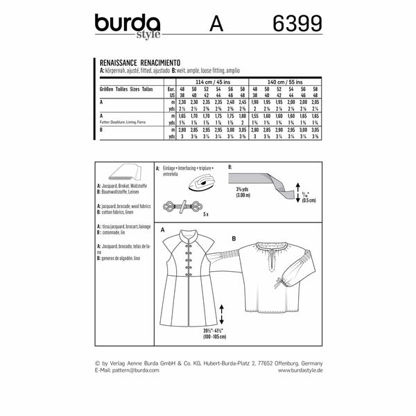 Pattern, Burda, 6399, Renaissance - Long Vest/Waistcoat and Shirt For Men