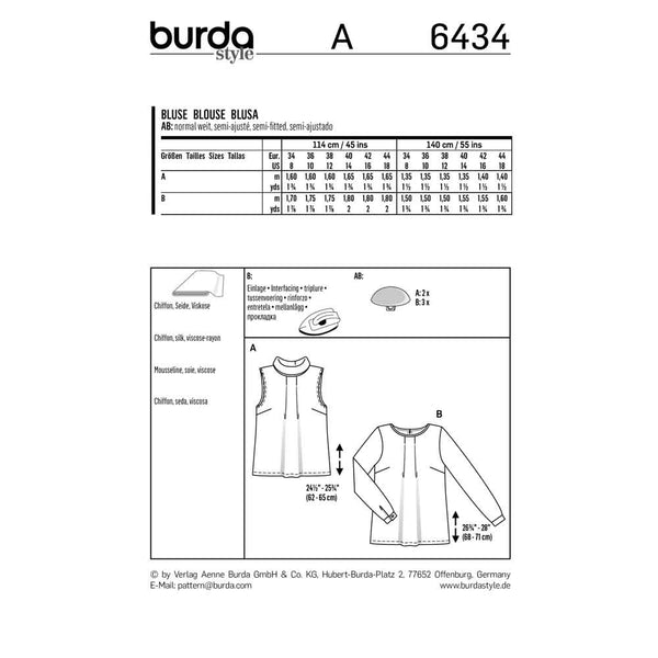 Pattern, Burda, 6434, Blouse - Neckline Pleats