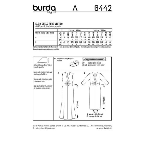 Pattern, Burda, 6442, Stretch Dress - Evening Dress - Front Twist