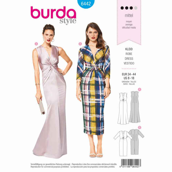 Pattern, Burda, 6442, Stretch Dress - Evening Dress - Front Twist