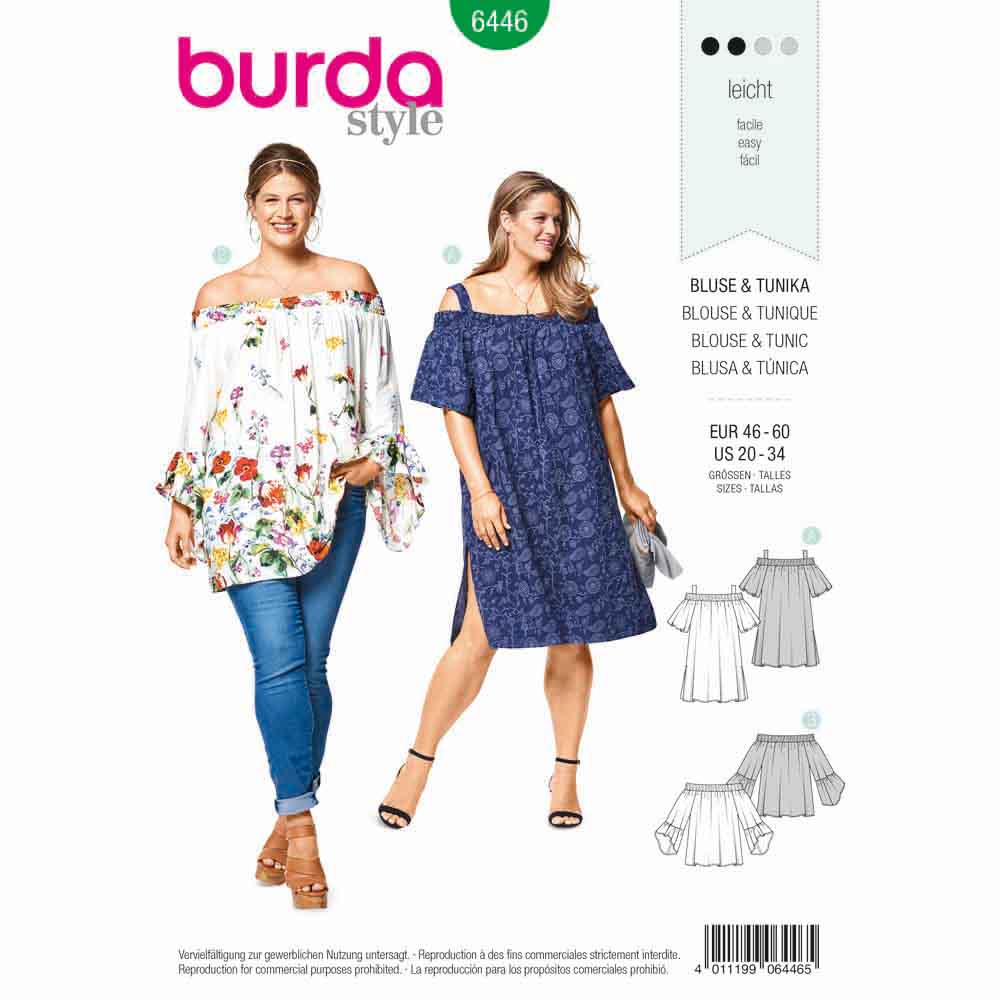 Pattern, Burda, 6446, Blouse, Tunic Top - Shirred Neckline, Sleeve Frills