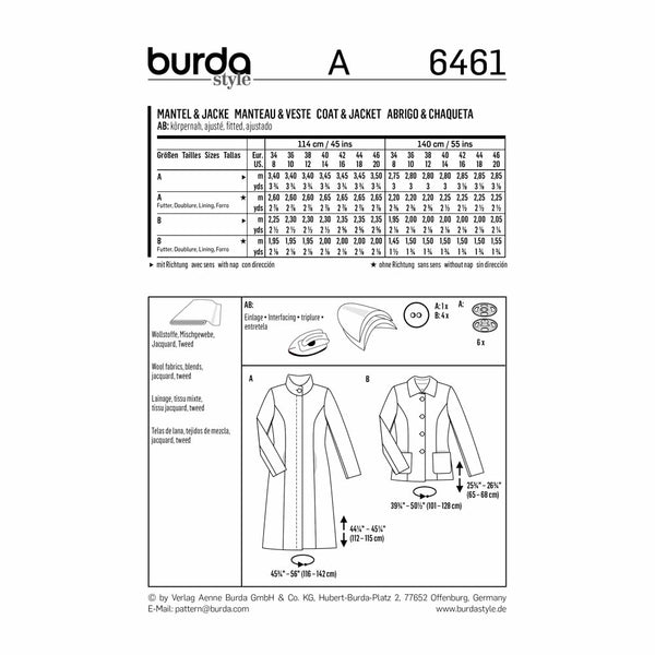 Pattern, Burda, 6461, Ladies Coat or Jacket