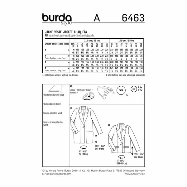 Pattern, Burda, 6463, Ladies Blazer