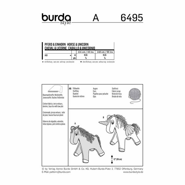 Pattern, Burda, 6495, Unicorn, Horse Stuffed Animals
