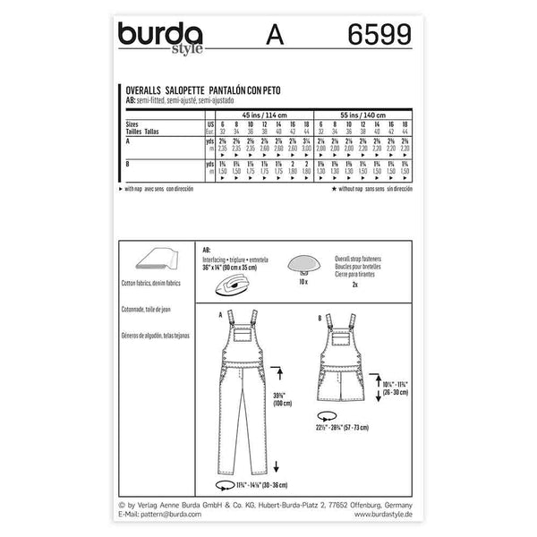 Pattern, Burda, 6599, Ladies Overalls