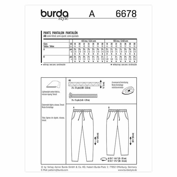 Pattern, Burda, 6678, Ladies Pants