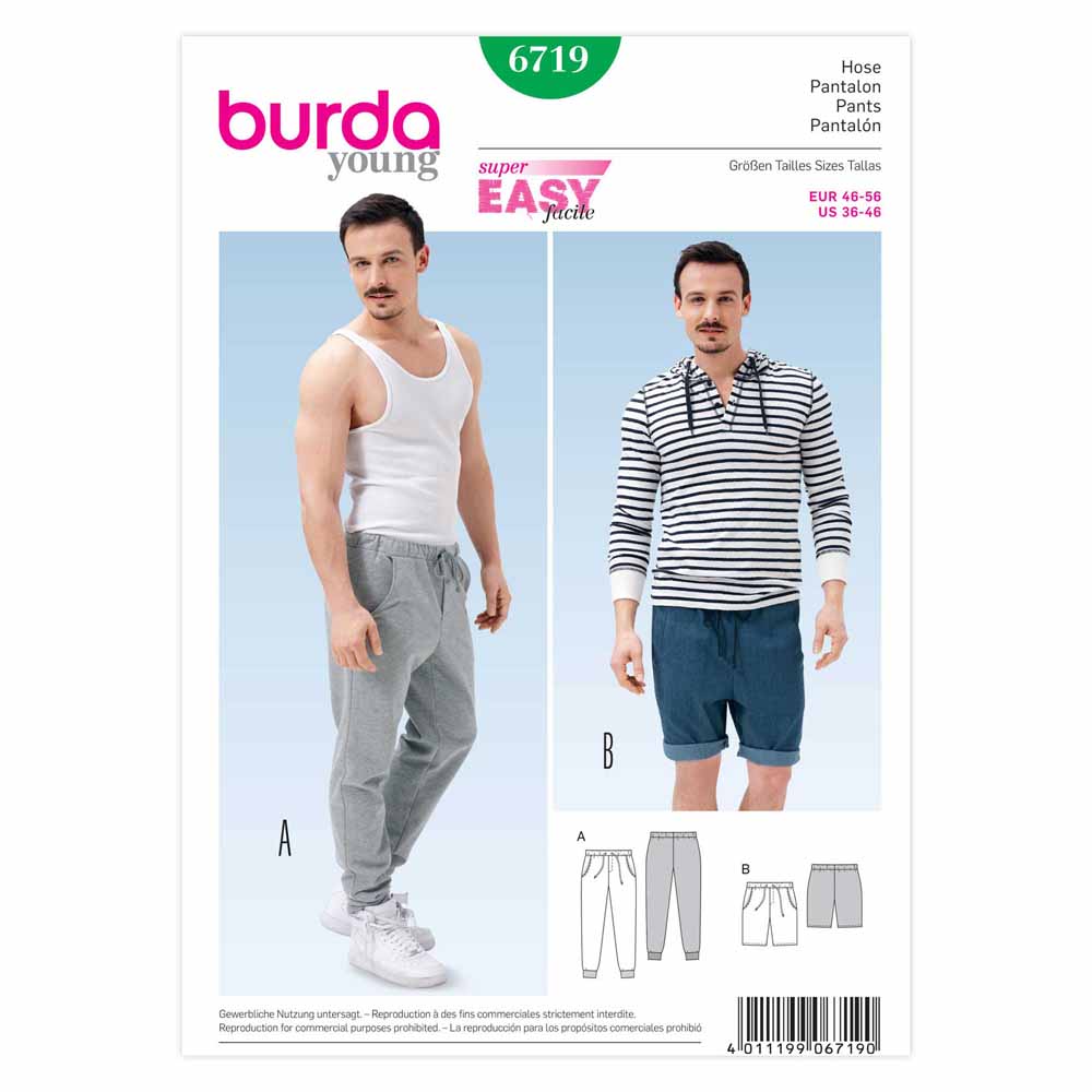 Pattern, Burda, 6719, Men's Sweat Pants, Shorts