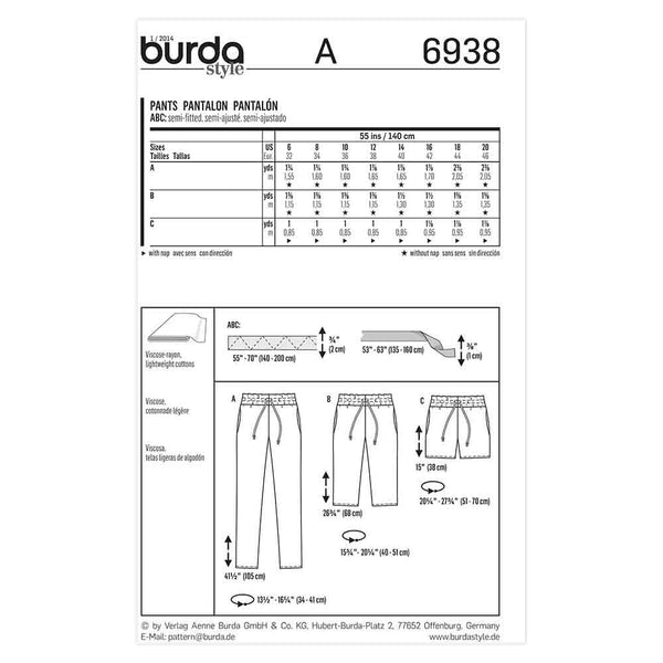 Pattern, Burda, 6938, Ladies Pant/Shorts