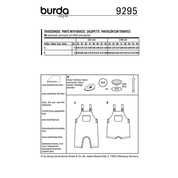 Pattern, Burda, 9295, Kids Bibbed Overalls/ Pants