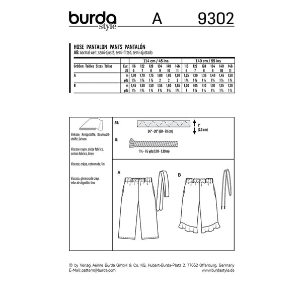 Pattern, Burda, 9302, Kids Pants with Elastic Waist